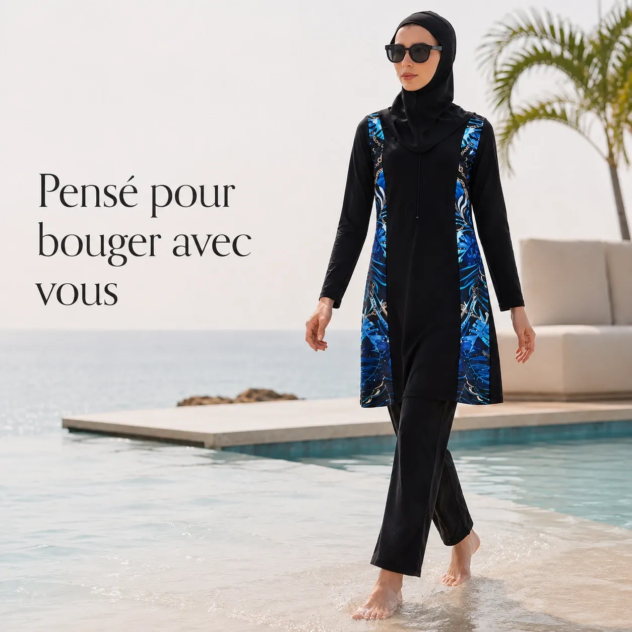 Burkini 3 pièces motif végétal – manches longues — dos