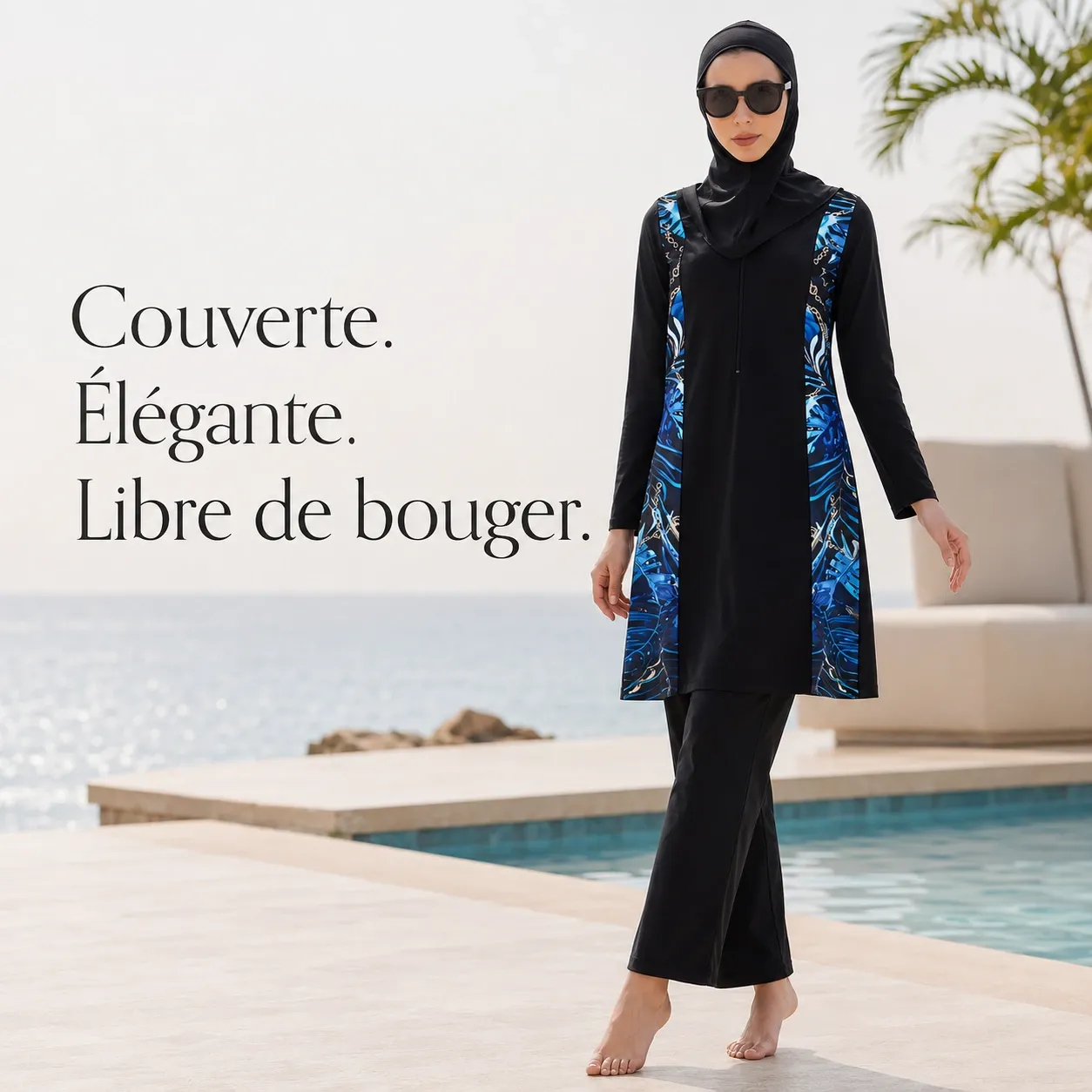 Burkini 3 pièces motif végétal – manches longues — face