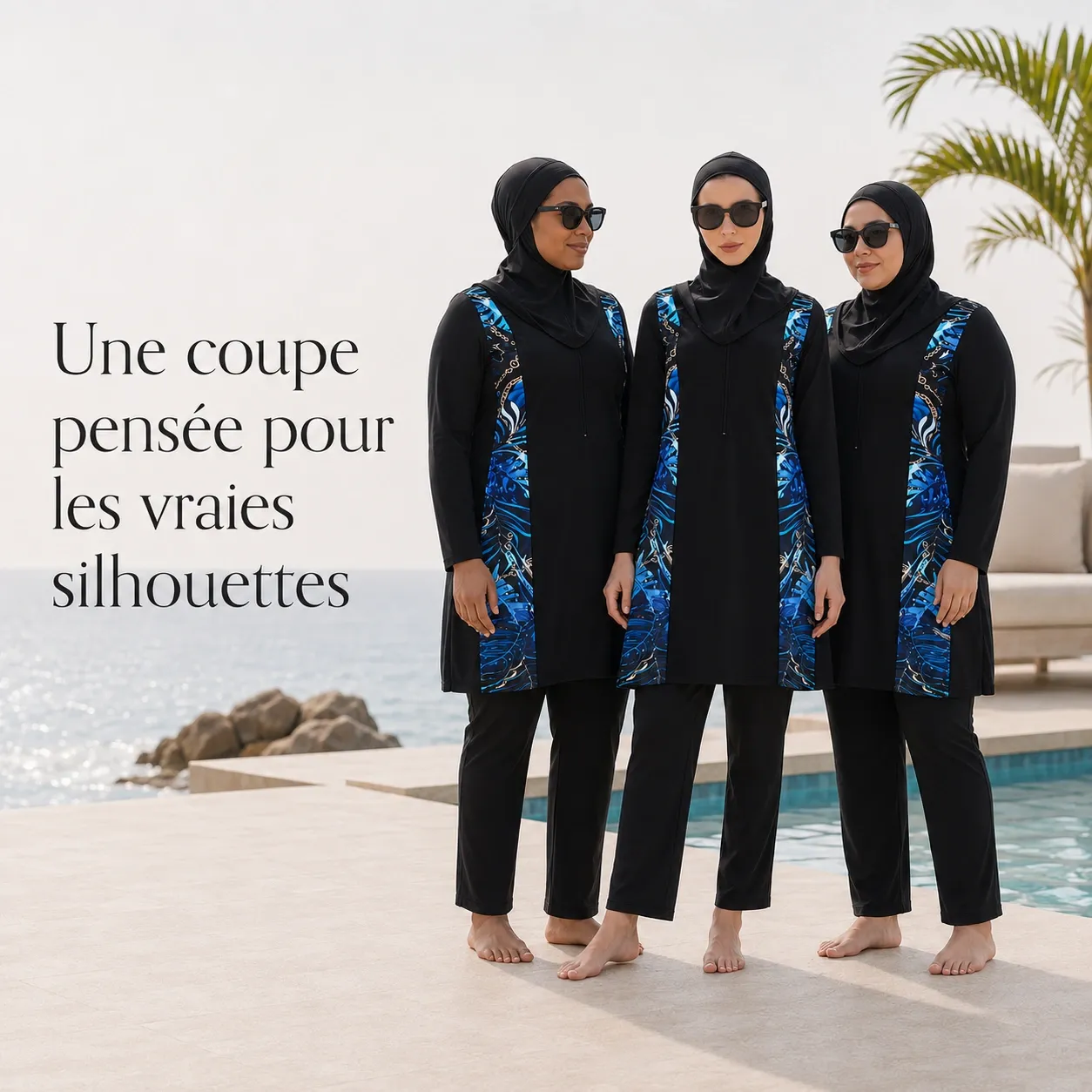 Burkini 3 pièces motif végétal – manches longues — pieces