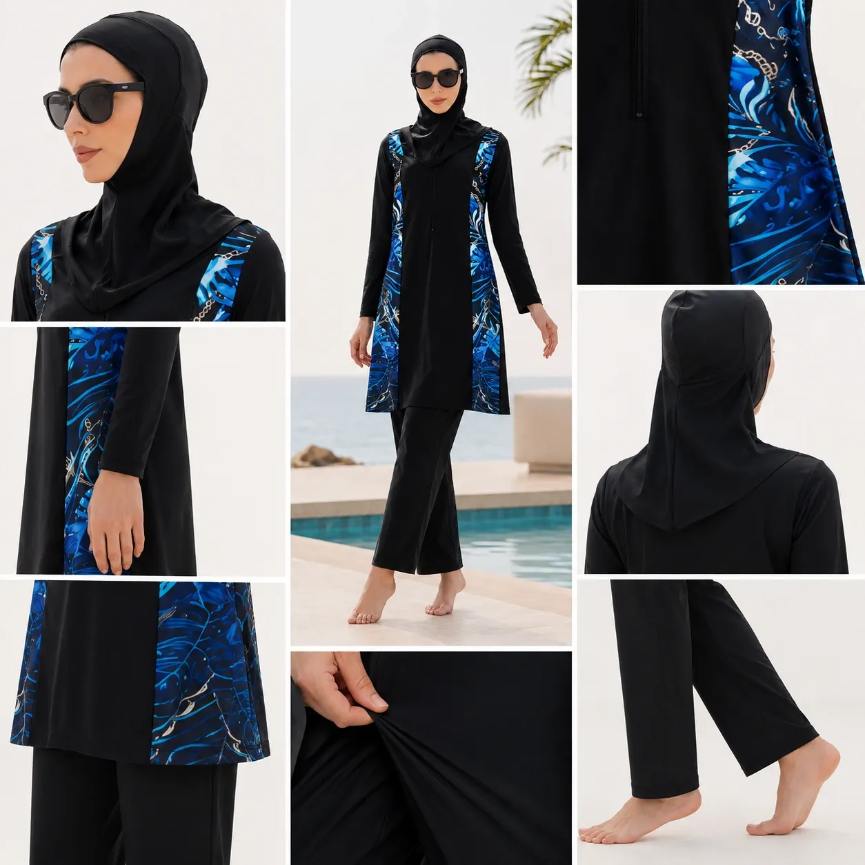 Burkini 3 pièces motif végétal – manches longues — porte