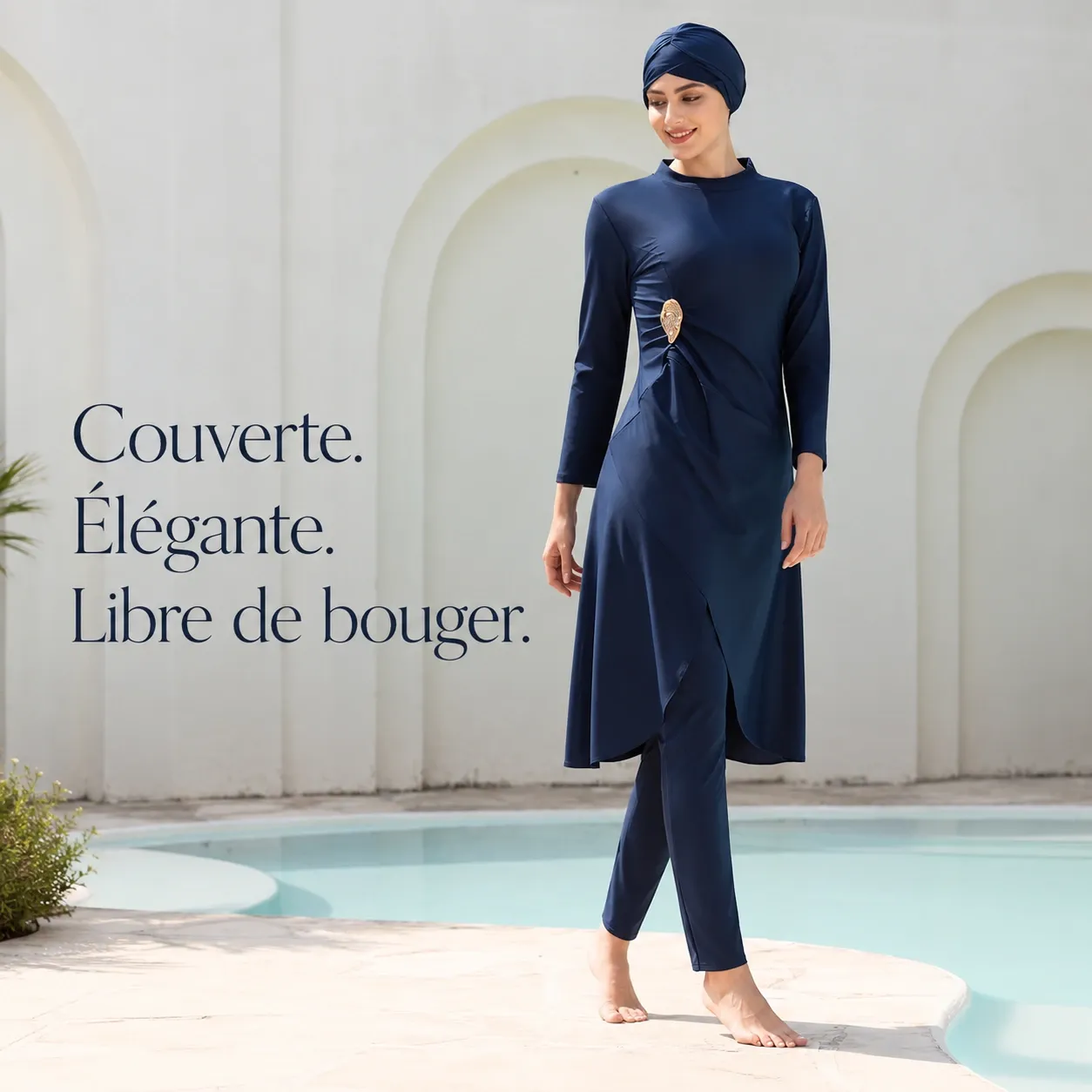 Burkini 3 pièces uni avec jupe — face