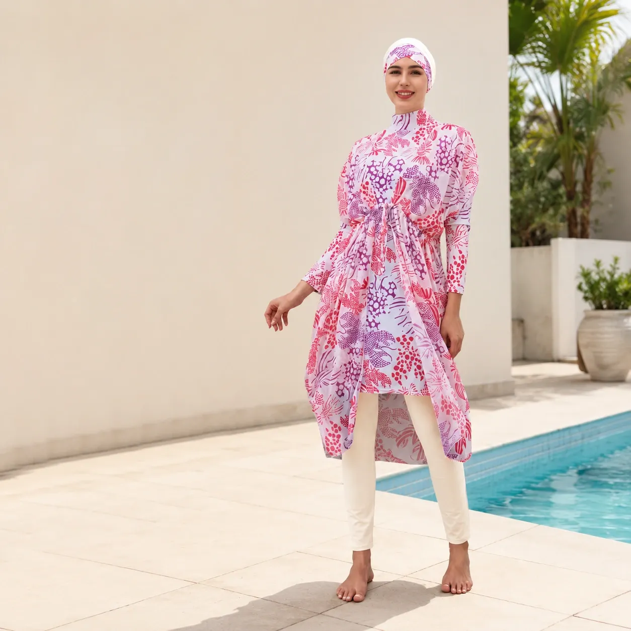 Burkini 4 pièces manches longues – motif animalier — face