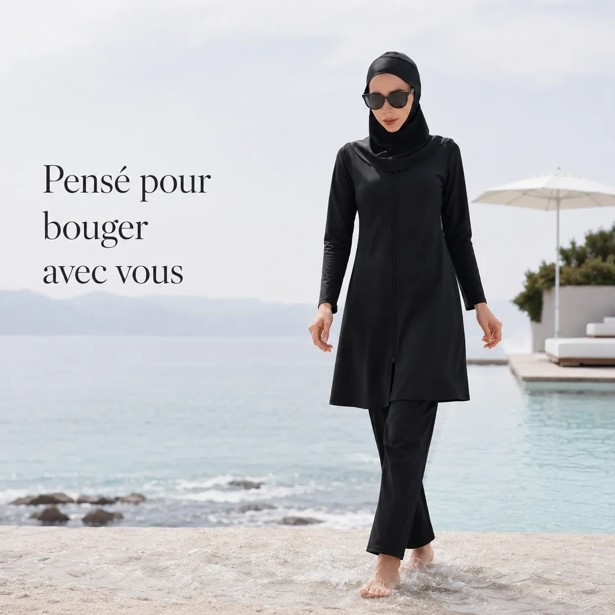 Burkini intégral 3 pièces noir – manches longues — dos
