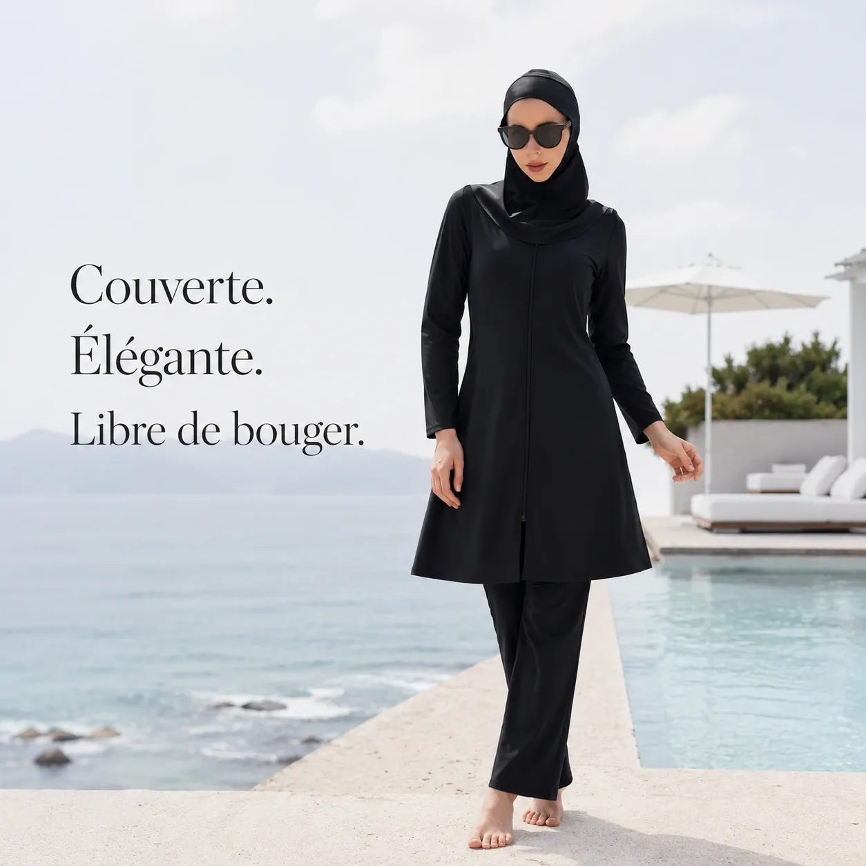 Burkini intégral 3 pièces noir – manches longues — face