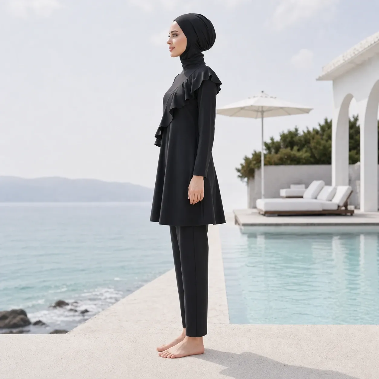 Burkini noir long à volant asymétrique – Signature — dos