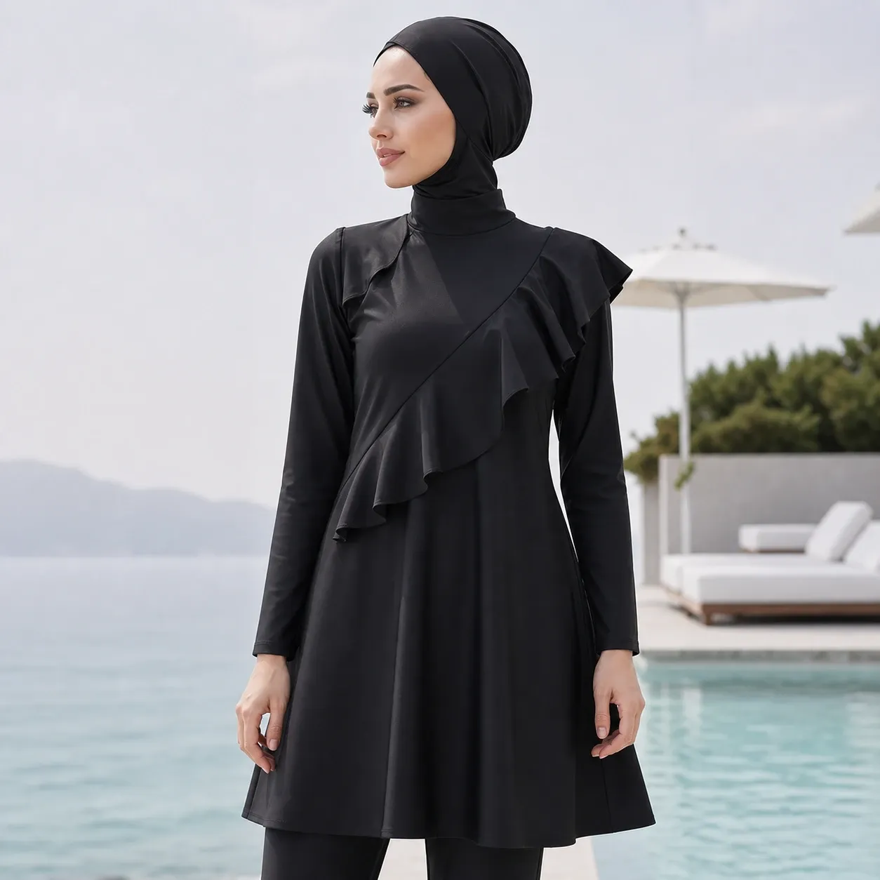 Burkini noir long à volant asymétrique – Signature — eau