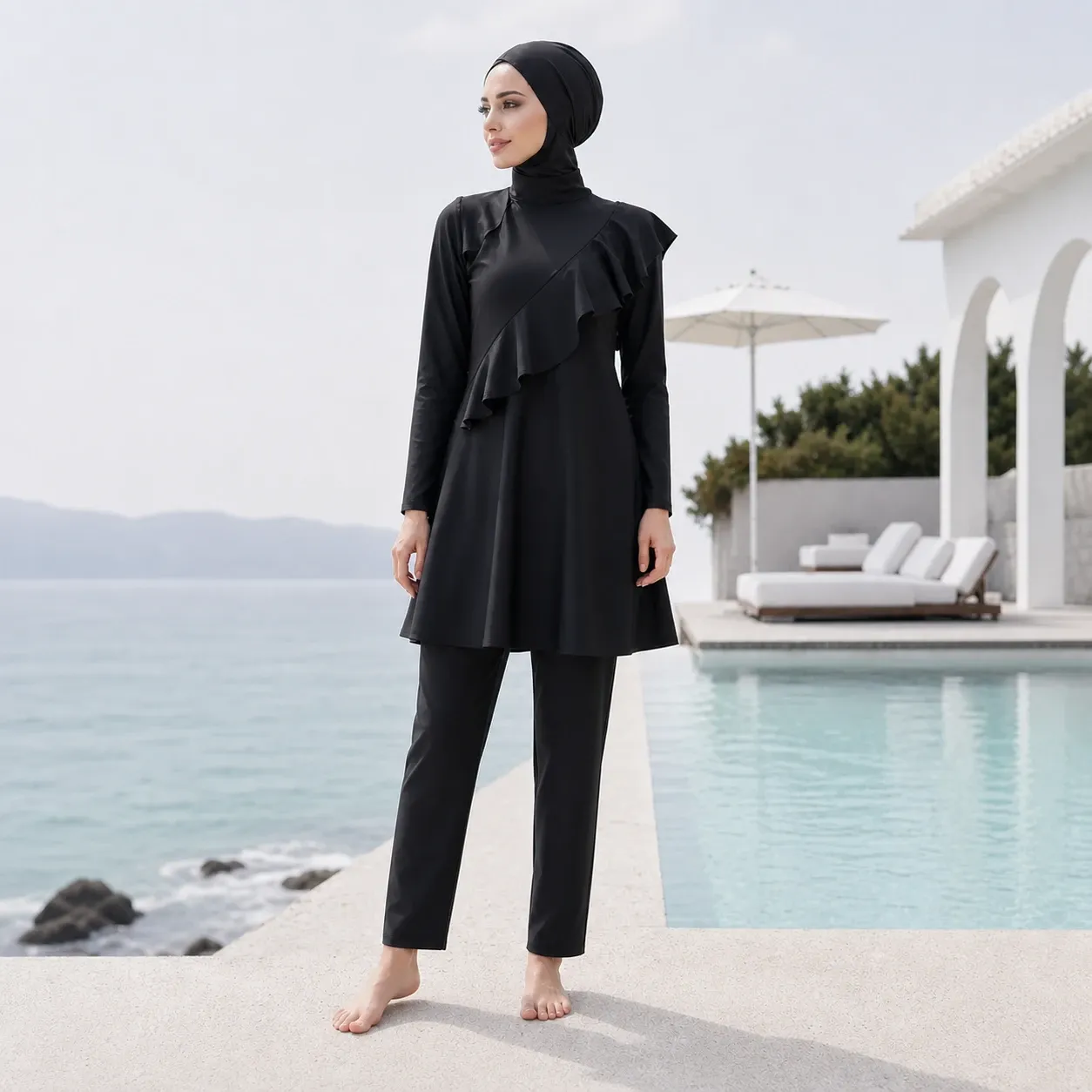 Burkini noir long à volant asymétrique – Signature — trois quarts