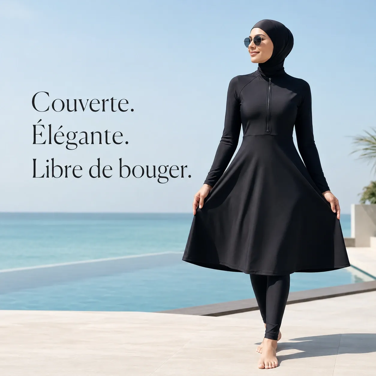 Burkini uni col montant à fermeture éclair — face