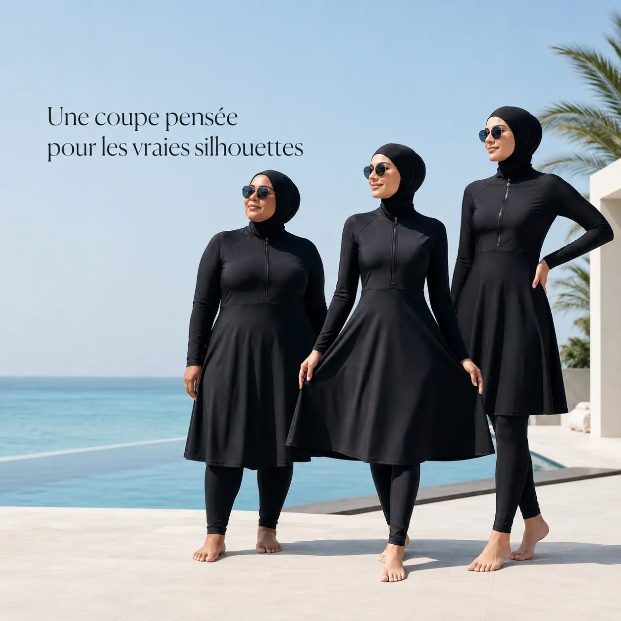 Burkini uni col montant à fermeture éclair — pieces