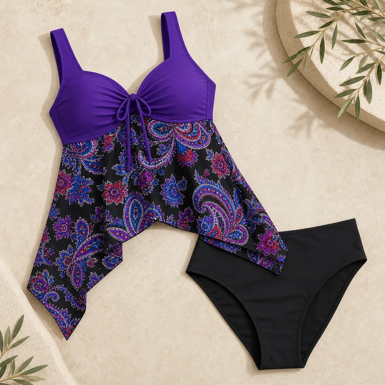 Tankini cache-ventre violet à pans asymétriques — detail