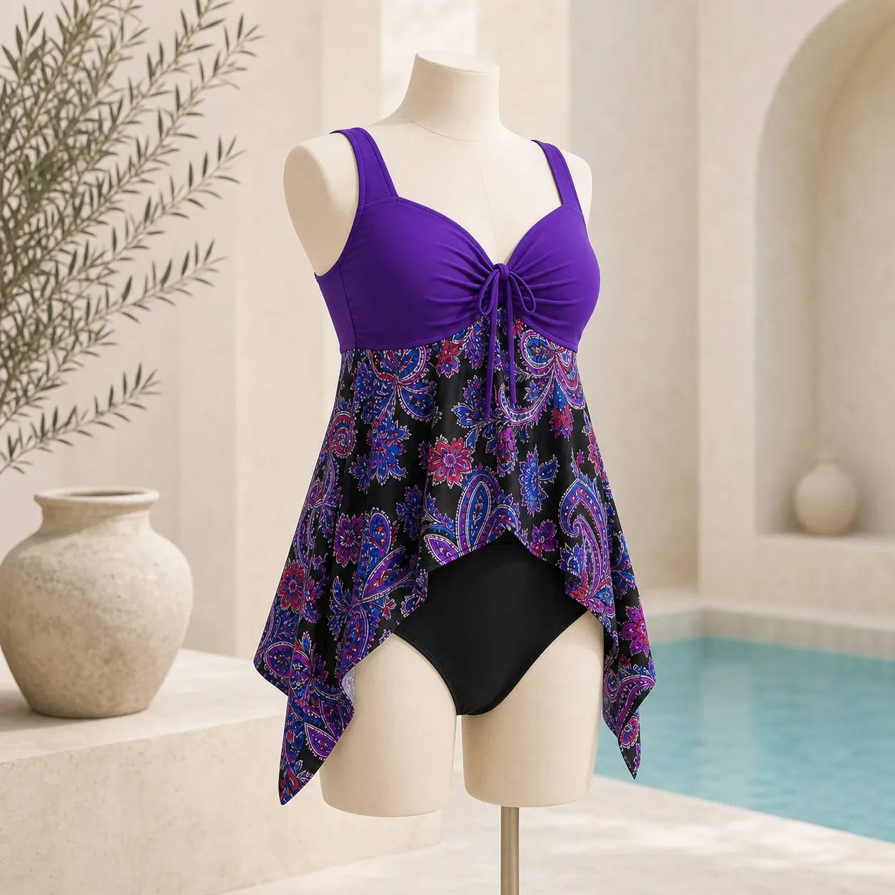 Tankini cache-ventre violet à pans asymétriques — trois quarts