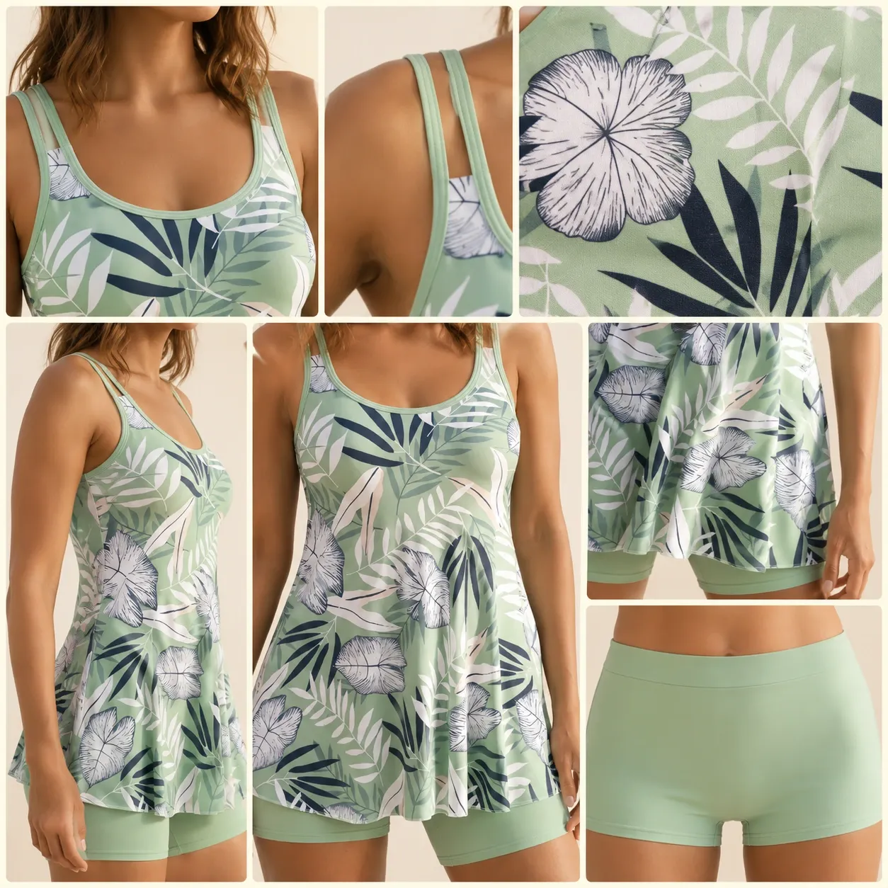 Tankini couvrant 2 pièces – haut floral, dos ajouré — eau