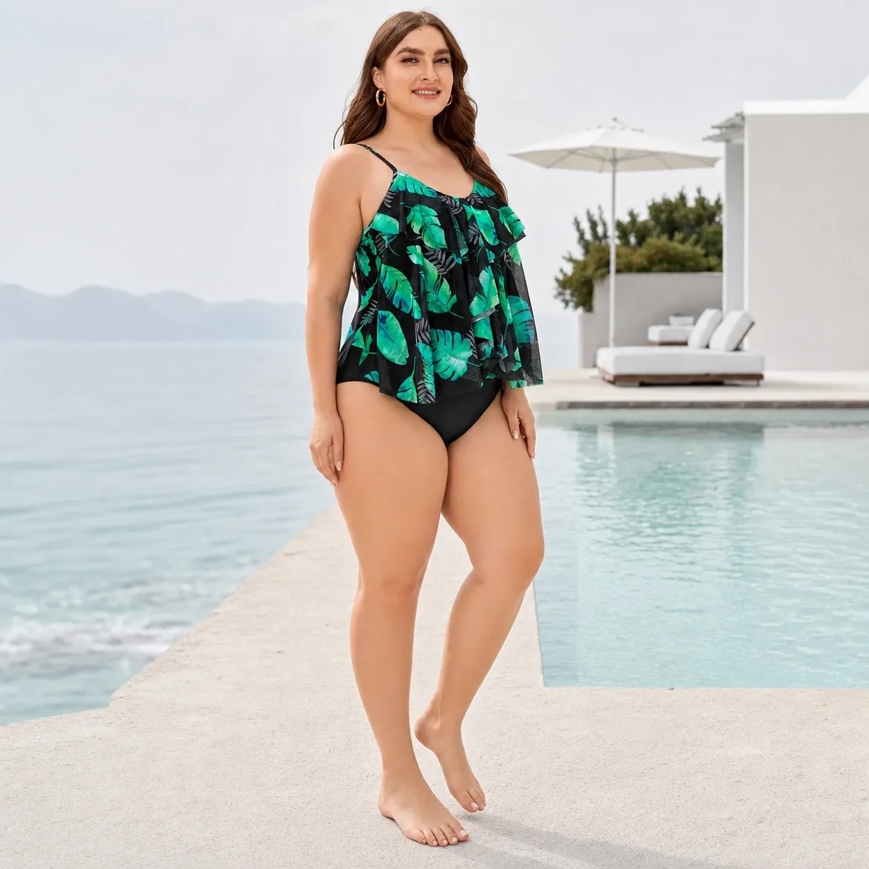 Tankini évasé grande taille tropical – XL à 4XL — trois quarts